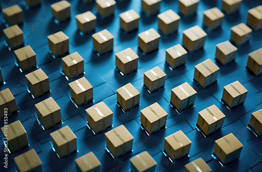 Numerous small cardboard boxes arranged in a grid pattern on a blue surface. Numerous small cardboard boxes arranged in a grid pattern on a blue surface.