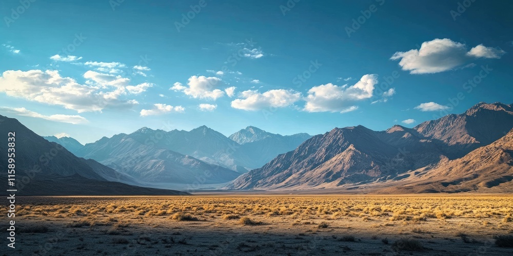 Naklejka premium Breathtaking scenic view featuring majestic mountains set against a clear blue sky, capturing the beauty of nature s landscapes and the tranquility of wide open spaces.