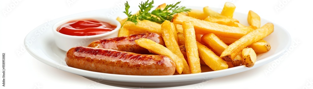 Delicious sausage with crispy fries and ketchup on a white plate. Delicious sausage with crispy fries and ketchup on a white plate.