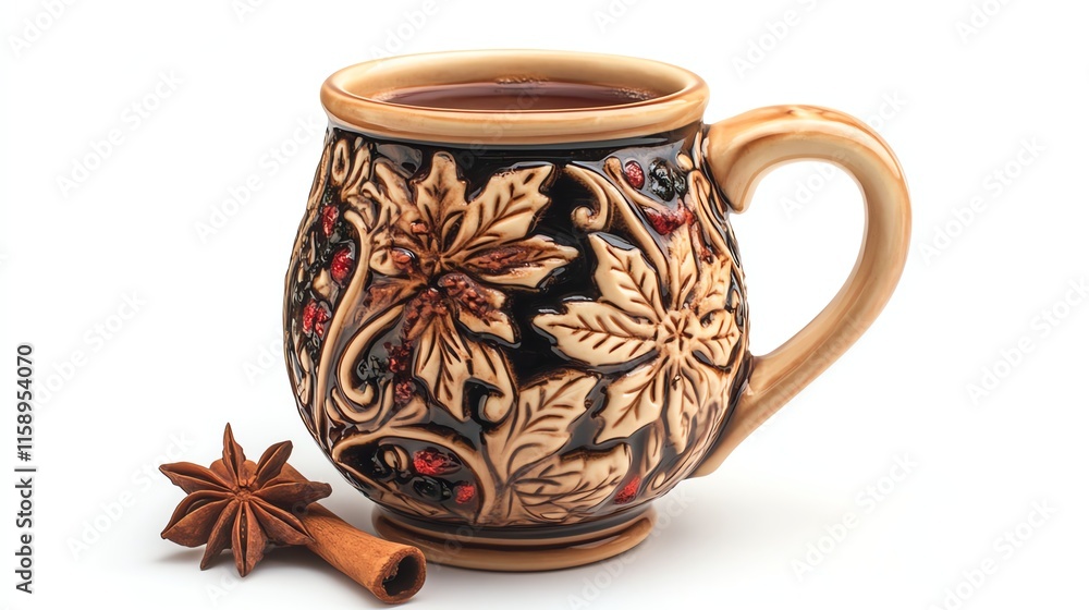 Decorative mug with intricate leaf patterns filled with warm beverage beside star anise. Decorative mug with intricate leaf patterns filled with warm beverage beside star anise.
