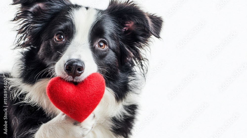 St. Valentine's Day concept. Funny portrait cute puppy dog border collie holding red heart in mouth isolated on white background, close up. Lovely dog in love on valentines day gives gift St. Valentine's Day concept. Funny portrait cute puppy dog border collie holding red heart in mouth isolated on white background, close up. Lovely dog in love on valentines day gives gift