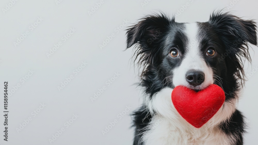 St. Valentine's Day concept. Funny portrait cute puppy dog border collie holding red heart in mouth isolated on white background, close up. Lovely dog in love on valentines day gives gift St. Valentine's Day concept. Funny portrait cute puppy dog border collie holding red heart in mouth isolated on white background, close up. Lovely dog in love on valentines day gives gift