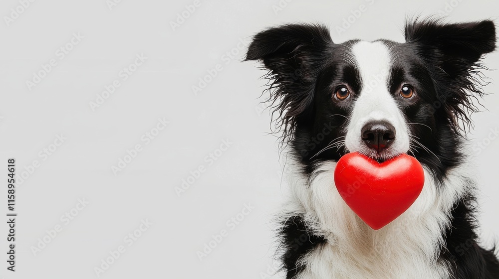 St. Valentine's Day concept. Funny portrait cute puppy dog border collie holding red heart in mouth isolated on white background, close up. Lovely dog in love on valentines day gives gift St. Valentine's Day concept. Funny portrait cute puppy dog border collie holding red heart in mouth isolated on white background, close up. Lovely dog in love on valentines day gives gift
