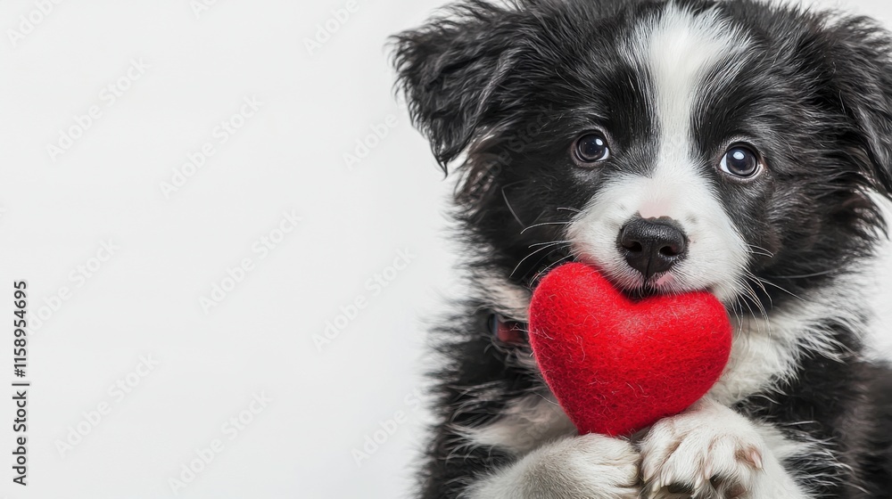 St. Valentine's Day concept. Funny portrait cute puppy dog border collie holding red heart in mouth isolated on white background, close up. Lovely dog in love on valentines day gives gift St. Valentine's Day concept. Funny portrait cute puppy dog border collie holding red heart in mouth isolated on white background, close up. Lovely dog in love on valentines day gives gift