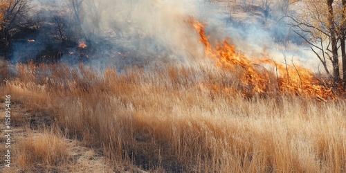 Brushfire consuming dry grasses in late fall creates a dramatic scene. The brushfire emphasizes the impact of seasonal changes on the landscape, showcasing the intensity of a brushfire s effects.