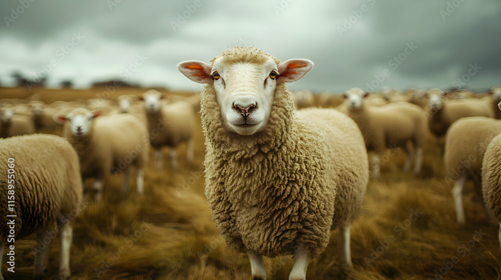 Flock of sheep grazing in a lush green field under a dramatic overcast sky