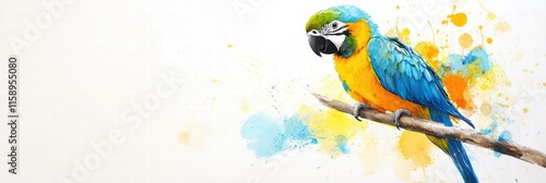 Bright parrot illustration perched on a branch with colorful splashes for creative design. Generative AI photo