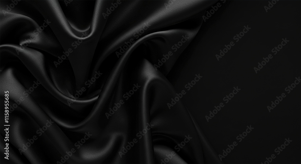 Fototapeta premium Abstract black background. Black silk satin texture background. Beautiful soft folds on the fabric. Black elegant background with copy space for your design.