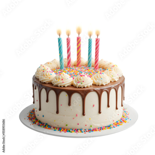 Birthday cake decorated with candles floating in the air isolated