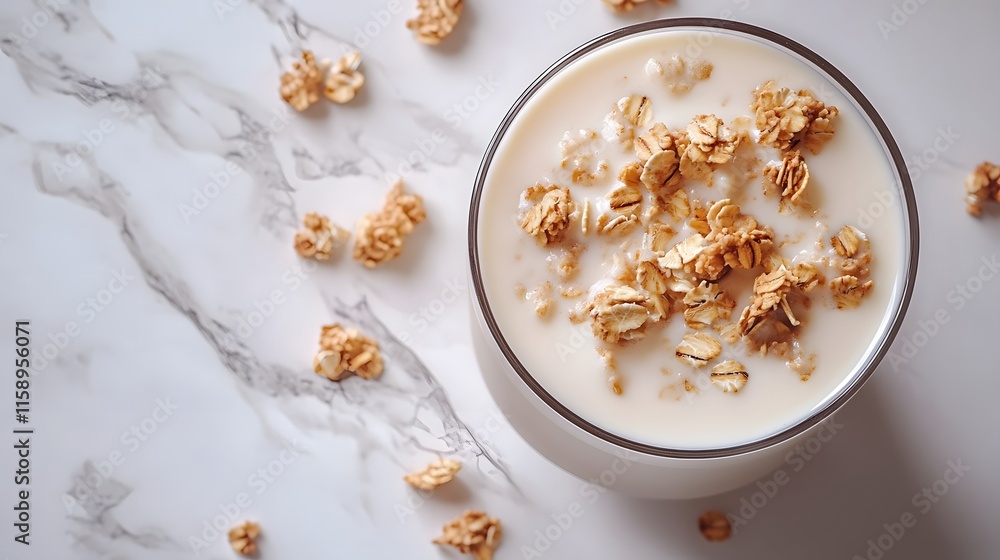 Overhead view of creamy milk in glass with scattered oats and granola, styled on white marble background to create appetizing breakfast scene with clean, minimalist aesthetic and crisp details. Overhead view of creamy milk in glass with scattered oats and granola, styled on white marble background to create appetizing breakfast scene with clean, minimalist aesthetic and crisp details.