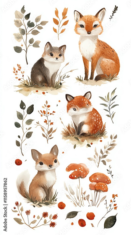 Obraz premium Charming watercolor foxes in natural settings.