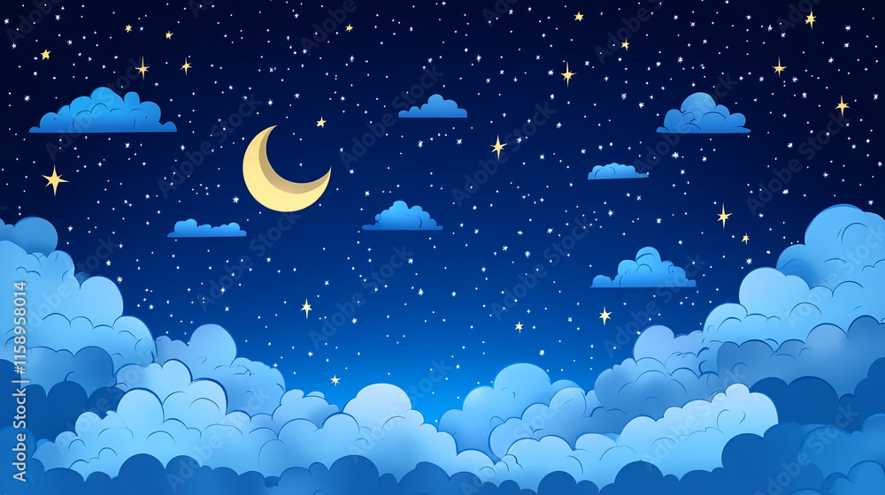 Obraz premium Night sky with crescent moon and fluffy clouds illuminated by stars above peaceful landscape