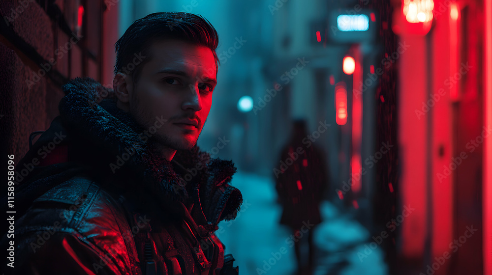 Fototapeta premium Urban winter night with a man in a stylish jacket standing in a narrow alley illuminated by red lights