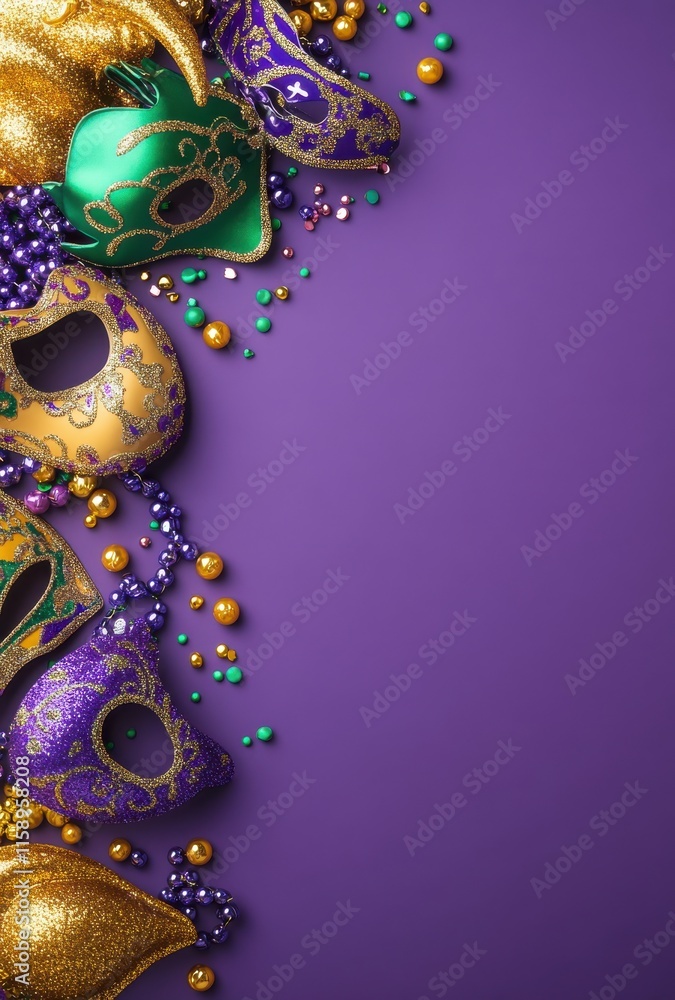 Naklejka premium Colorful and Festive Mardi Gras Masks with Glitter and Beads on Purple Background Ideal for Celebratory Occasions and Carnival Themed Events