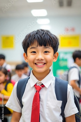 A lively Korean school boy with a bright, beaming smile