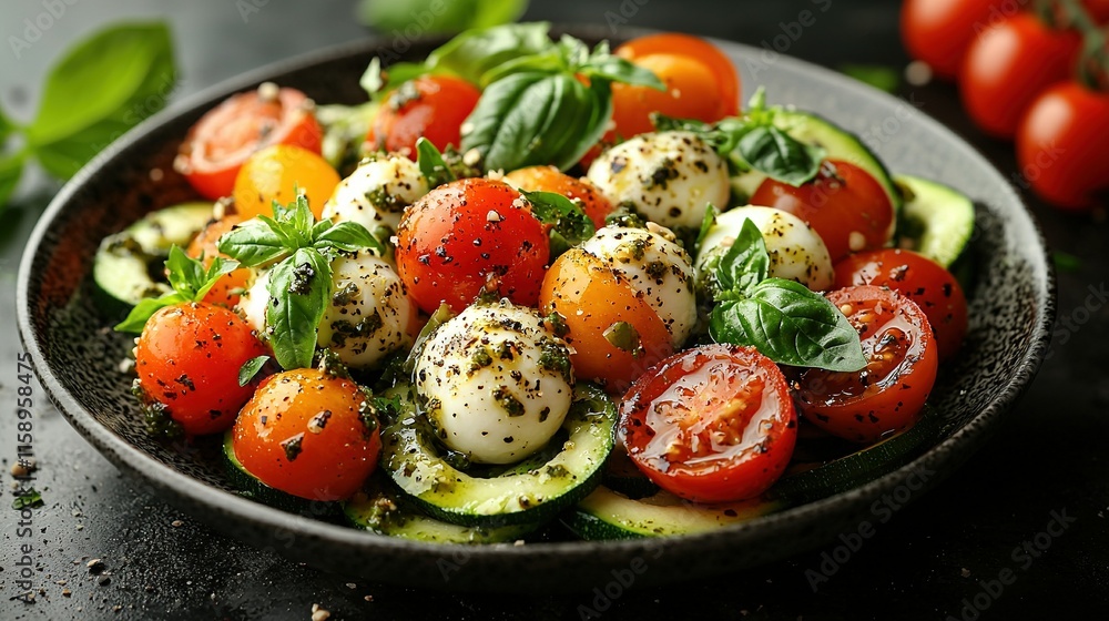 Tomatoes, Cucumber & Mozzarella Bowl on Black Surface with Basil Leafs Tomatoes, Cucumber & Mozzarella Bowl on Black Surface with Basil Leafs