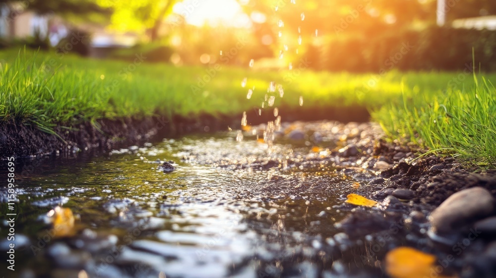Fototapeta premium Shallow Pond Under Bright Midday Sunlight in Farmland