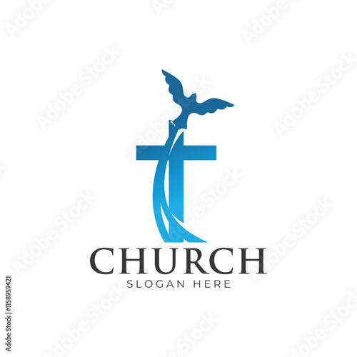 Christian Cross Church logo design vector illustration. cross logo with leaves around it