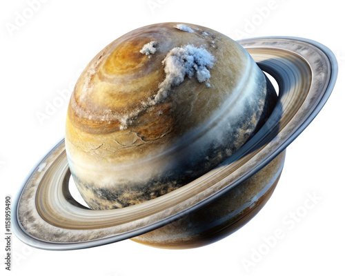 A planet resembling Saturn, with intricate rings of ice and rock orbiting it, detailed textures and colors, on a white background photo