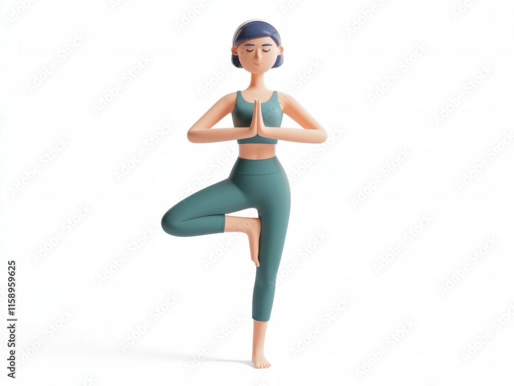 3D woman performing a yoga tree pose with a calm demeanor 3D woman performing a yoga tree pose with a calm demeanor