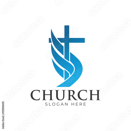 Christian Cross Church logo design vector illustration. cross logo with leaves around it