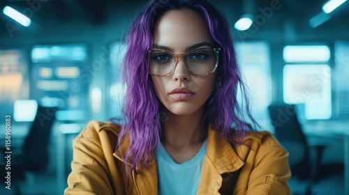 A serious purple-haired woman with glasses sits in a tech-savvy office, embodying intelligence and focus in a sleek, digital work environment. photo