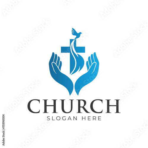 Christian Cross Church logo design vector illustration. cross logo with leaves around it