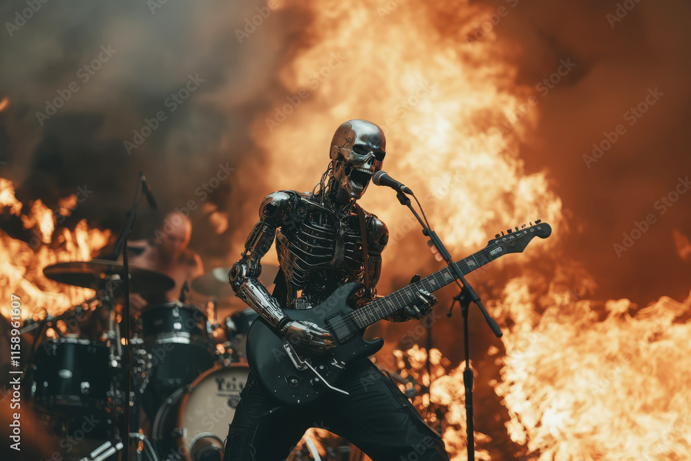 A dynamic heavy metal band of humanoid robots captivates the audience with electrifying performances on stage, surrounded by fiery flames and pulsating lights A dynamic heavy metal band of humanoid robots captivates the audience with electrifying performances on stage, surrounded by fiery flames and pulsating lights