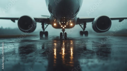 An airplane is placed on a wet runway under rainy conditions, its lights reflecting impeccably on the slick surface, evoking a sense of tranquility and untold stories. photo