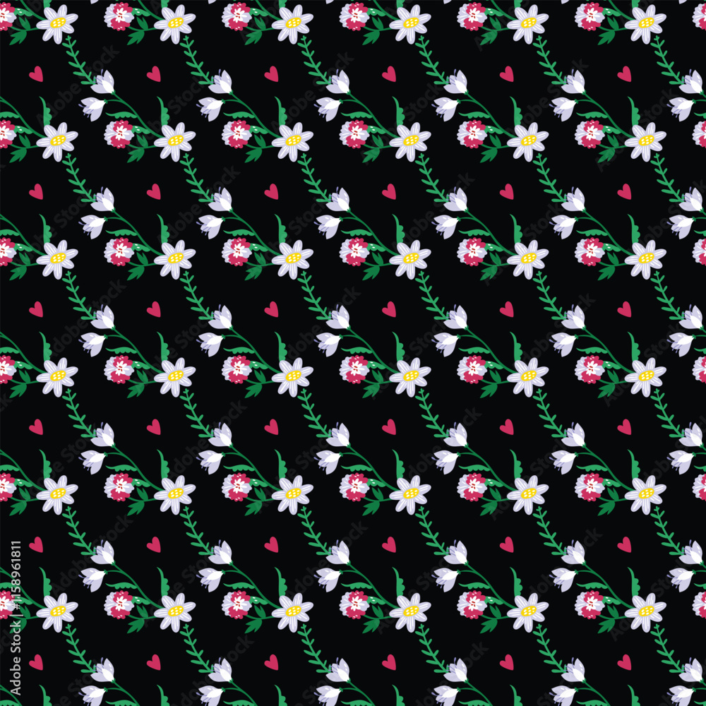Fototapeta premium Lovely pattern design with flowers and hearts.