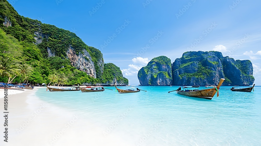 Obraz premium Idyllic Tropical Beach Longtail Boats Turquoise Water Cliffs