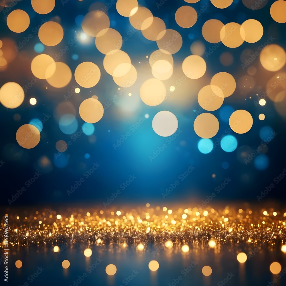 Abstract dark blue and gold particle background With Sparkling Details with Christmas golden light bokeh shining particles on navy blue gold foil texture festive holiday concept. Abstract dark blue and gold particle background With Sparkling Details with Christmas golden light bokeh shining particles on navy blue gold foil texture festive holiday concept.