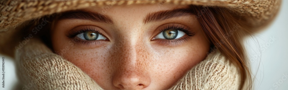 Fototapeta premium Smiling Woman in Winter Scarf Outdoors in Snowy Setting