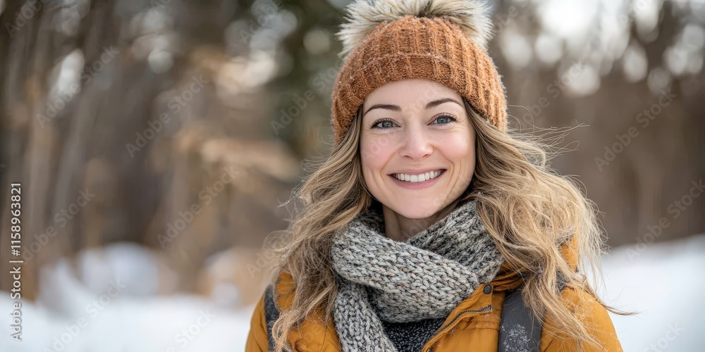 Smiling Woman in Winter Scarf Outdoors in Snowy Setting Smiling Woman in Winter Scarf Outdoors in Snowy Setting