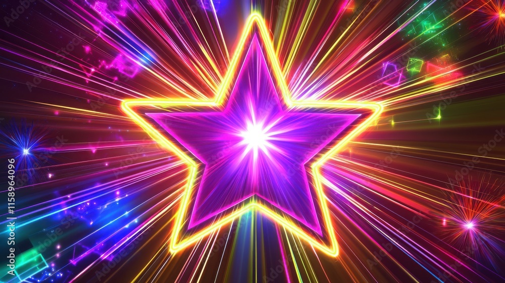 An artistic depiction of a bright star surrounded by vibrant light rays in a spectrum of colors, showcasing a dazzling cosmic effect. An artistic depiction of a bright star surrounded by vibrant light rays in a spectrum of colors, showcasing a dazzling cosmic effect.