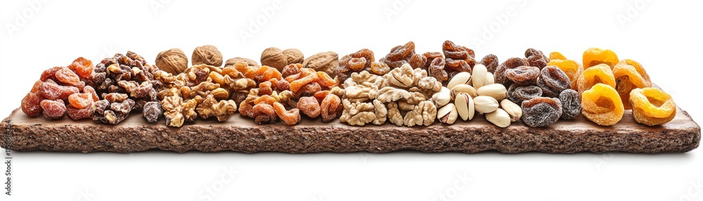 A variety of healthy dried fruits and nuts on a dark wooden plank, white isolate background. A variety of healthy dried fruits and nuts on a dark wooden plank, white isolate background.