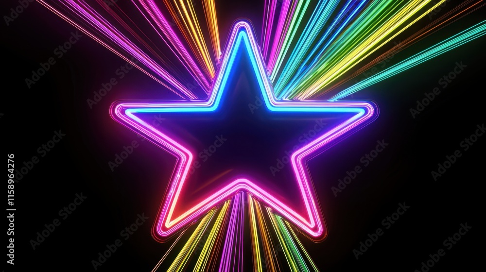 A vibrant neon star with radiant colorful rays emanating from it on a dark background, creating a captivating visual effect. A vibrant neon star with radiant colorful rays emanating from it on a dark background, creating a captivating visual effect.