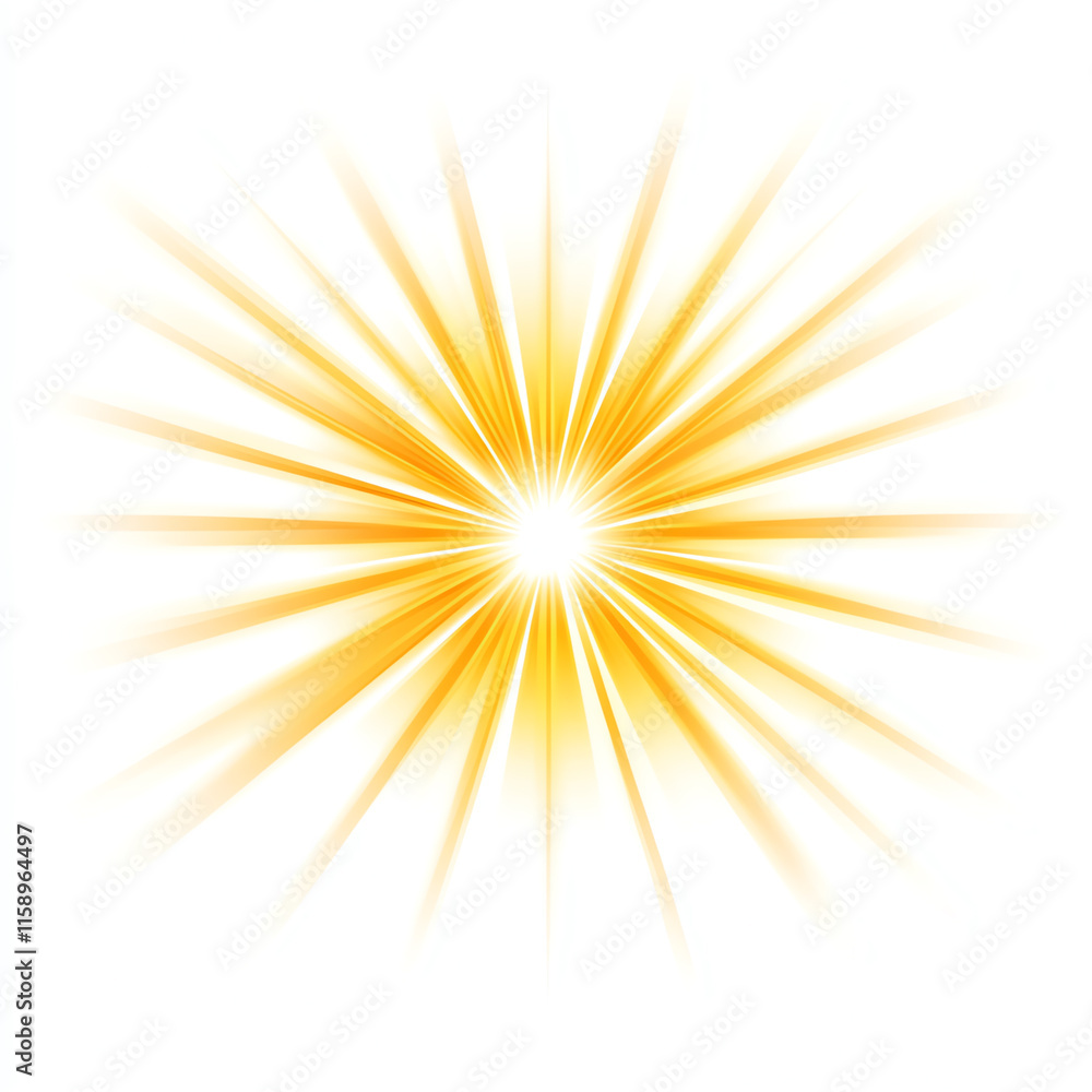 Bright golden starburst with rays radiating outward on a white isolated background. Bright golden starburst with rays radiating outward on a white isolated background.