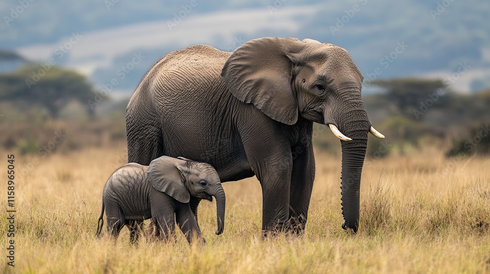 Adult and baby African elephants in tall grass savanna. Adult and baby African elephants in tall grass savanna.