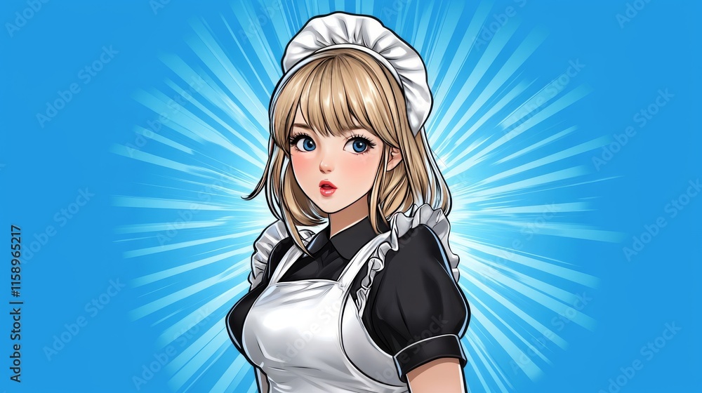 Anime maid girl with blonde hair in pop art style on vibrant blue background. Anime maid girl with blonde hair in pop art style on vibrant blue background.