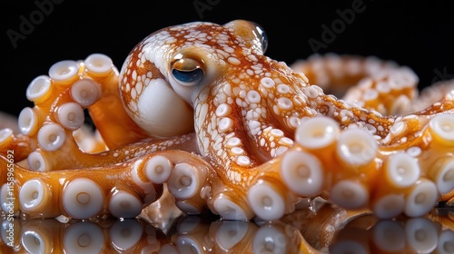 A striking orange octopus, showcasing detailed textures and patterns, sits poised against a dark background, symbolizing intelligence, mystery, and the beauty of nature. photo