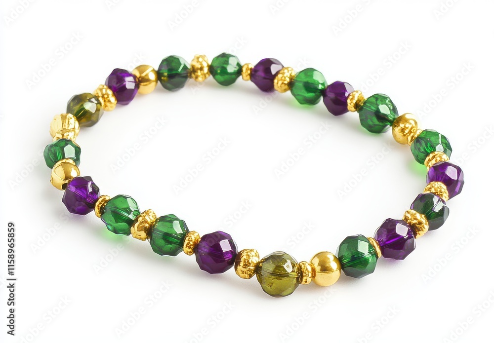 Obraz premium Colorful Beaded Bracelet with Purple and Green Faceted Glass Beads and Gold Accents on White Background for Fashion and Jewelry Design Inspiration