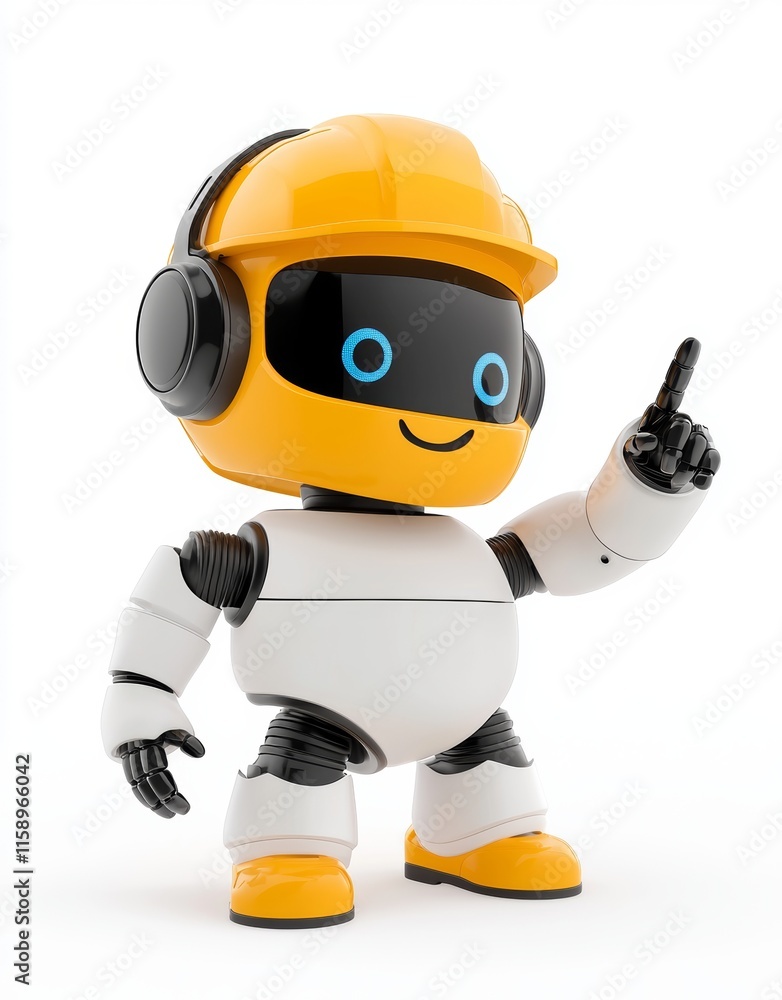 A cute AI robot, with a happy smile, points to the copy space next to her on a white background. A cute AI robot, with a happy smile, points to the copy space next to her on a white background.