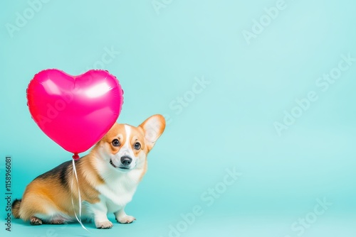 Valentine’s Day corgi puppy dog posing next to a vibrant pink heart-shaped balloon against a turquoise background photo