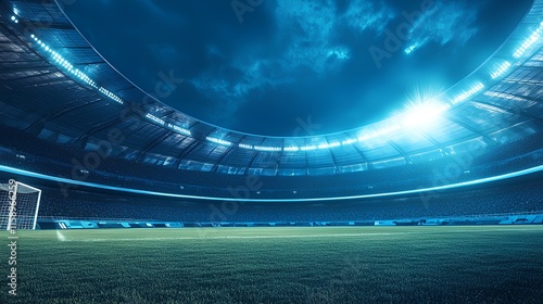 A panoramic view of an empty soccer stadium under dramatic lighting, emphasizing the vast green field and an illuminated goalpost.