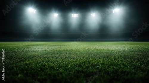 A well-kept grass field in a football stadium is brightly lit with spotlights, surrounded by the gloom of night, capturing the thrill of the upcoming match. photo