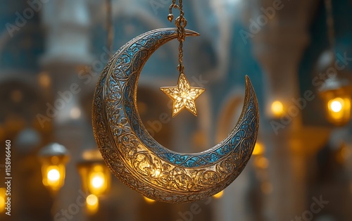 Ornate crescent moon and star hanging decoration. (1) photo