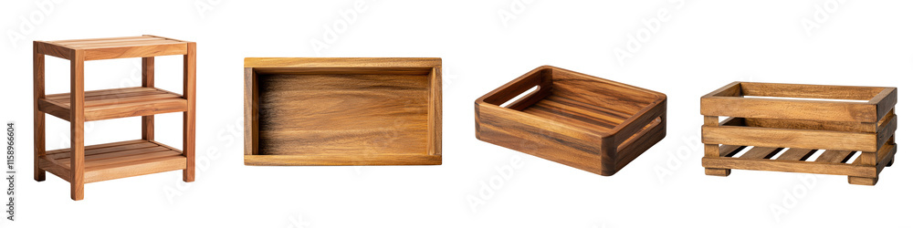 Assortment of various wooden storage shelves boxes crates and racks for home display purposes Featuring a rustic natural and modern design aesthetic Assortment of various wooden storage shelves boxes crates and racks for home display purposes Featuring a rustic natural and modern design aesthetic