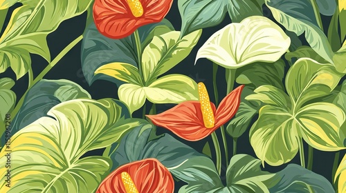 Wallpaper Mural  Tropical plant painting - Red flowers, green leaves on black background with yellow and green highlights Torontodigital.ca
