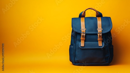 Fashion blue backpack against bright yellow studio background